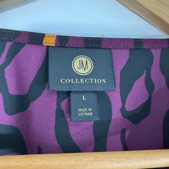 JM Collection Women’s Size Large Purple Black Animal Leopard Print Blouse - Picture 3 of 7